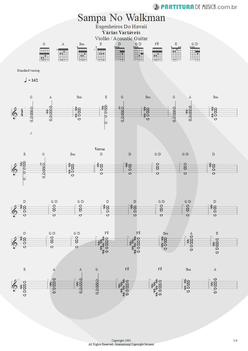 Partitura de musica de Violão - Sampa No Walkman | Engenheiros do Hawaii | Várias Variáveis 1991 - pag 1