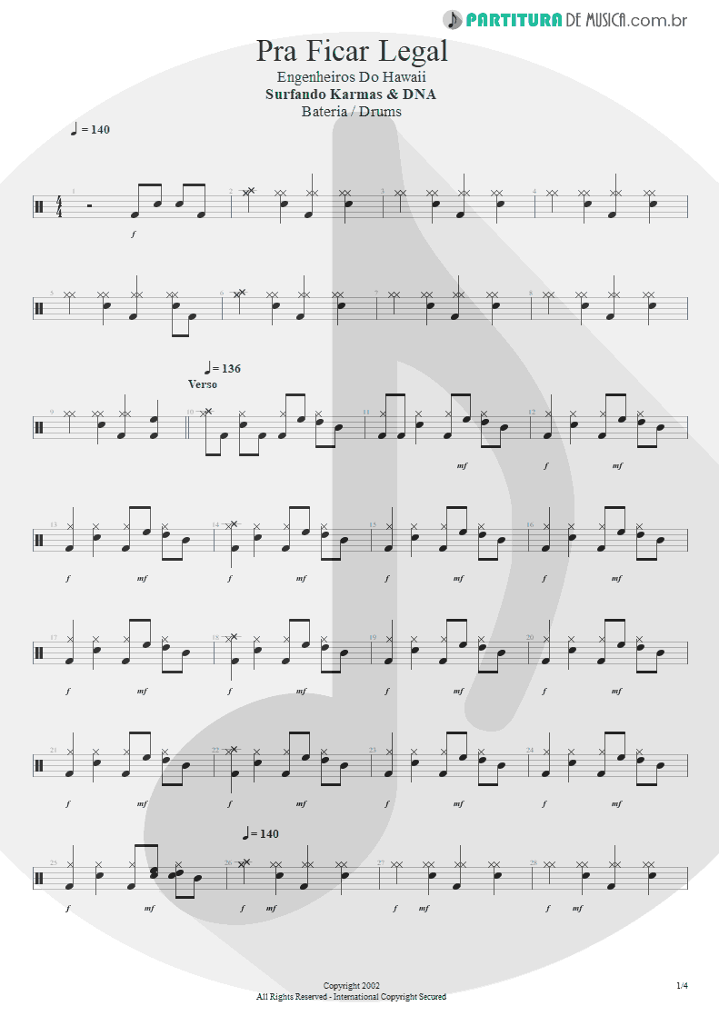 Partitura de musica de Bateria - Pra Ficar Legal | Engenheiros do Hawaii | Surfando Karmas & DNA 2002 - pag 1