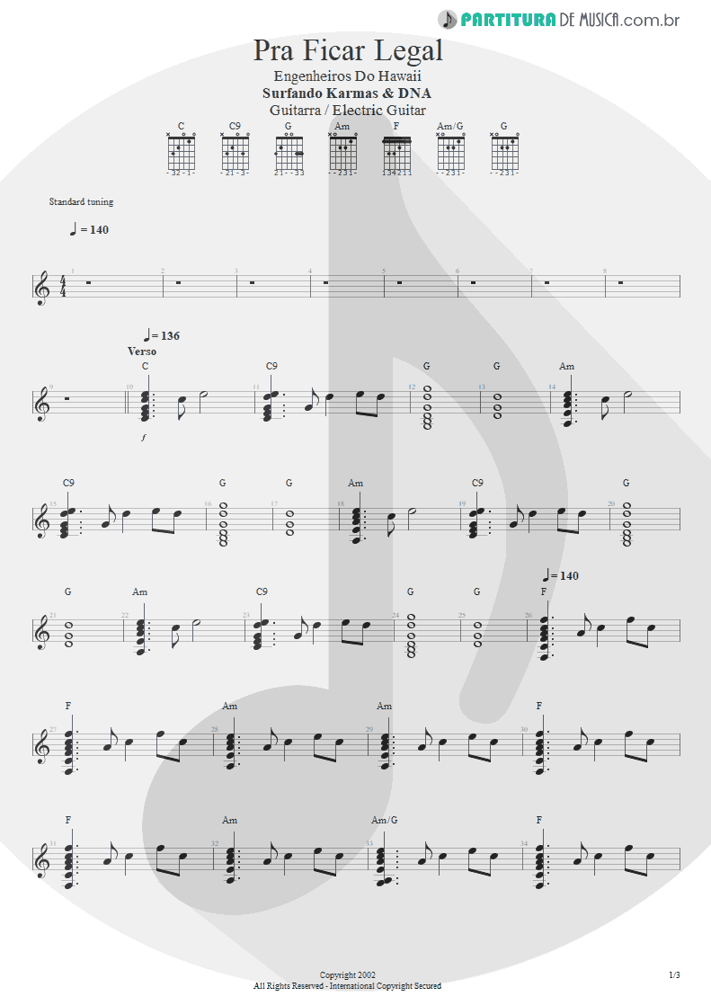 Partitura de musica de Guitarra Elétrica - Pra Ficar Legal | Engenheiros do Hawaii | Surfando Karmas & DNA 2002 - pag 1