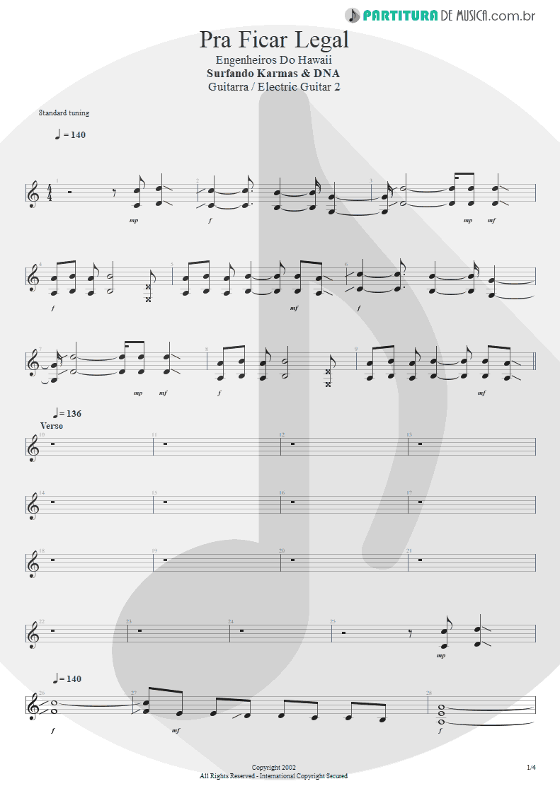 Partitura de musica de Guitarra Elétrica - Pra Ficar Legal | Engenheiros do Hawaii | Surfando Karmas & DNA 2002 - pag 1