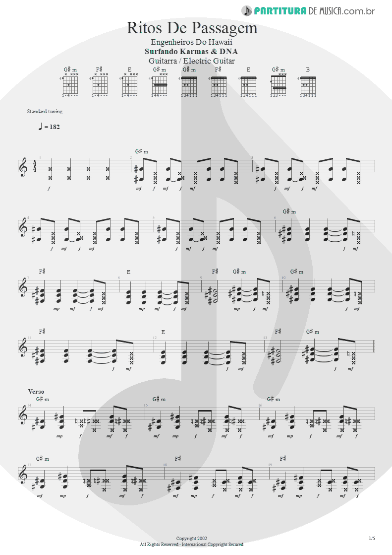 Partitura de musica de Guitarra Elétrica - Ritos De Passagem | Engenheiros do Hawaii | Surfando Karmas & DNA 2002 - pag 1