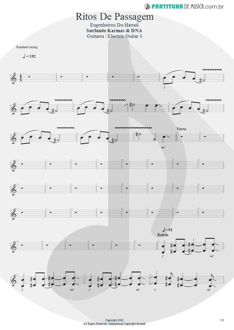 Partitura de musica de Guitarra Elétrica - Ritos De Passagem | Engenheiros do Hawaii | Surfando Karmas & DNA 2002 - pag 1