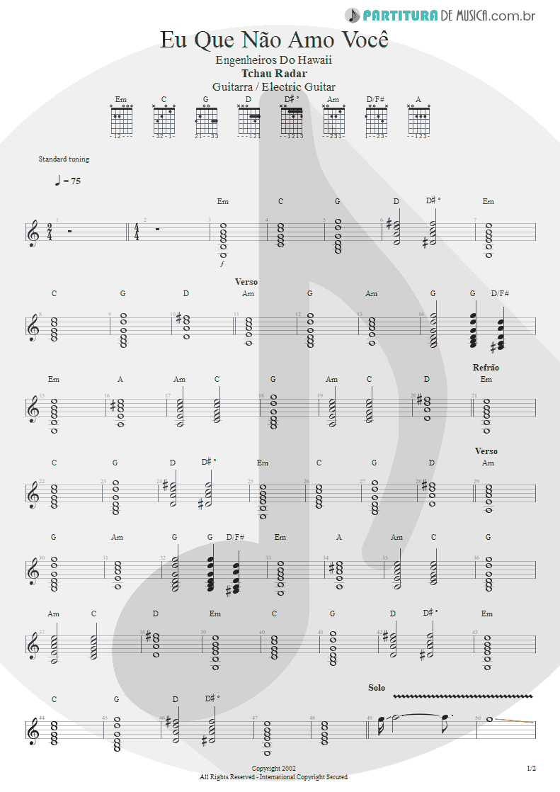 Partitura de musica de Guitarra Elétrica - Eu Que Não Amo Você | Engenheiros do Hawaii | ¡Tchau Radar! 2002 - pag 1