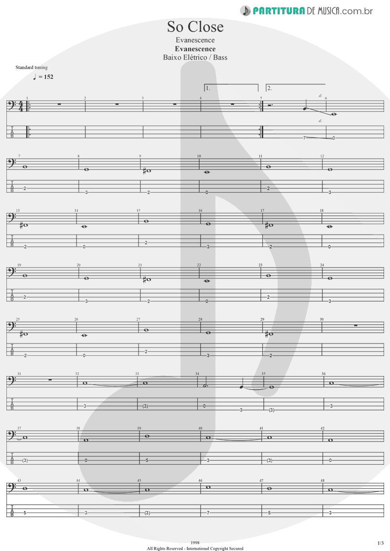 Tablatura + Partitura de musica de Baixo Elétrico - So Close | Evanescence | Evanescence 1998 - pag 1