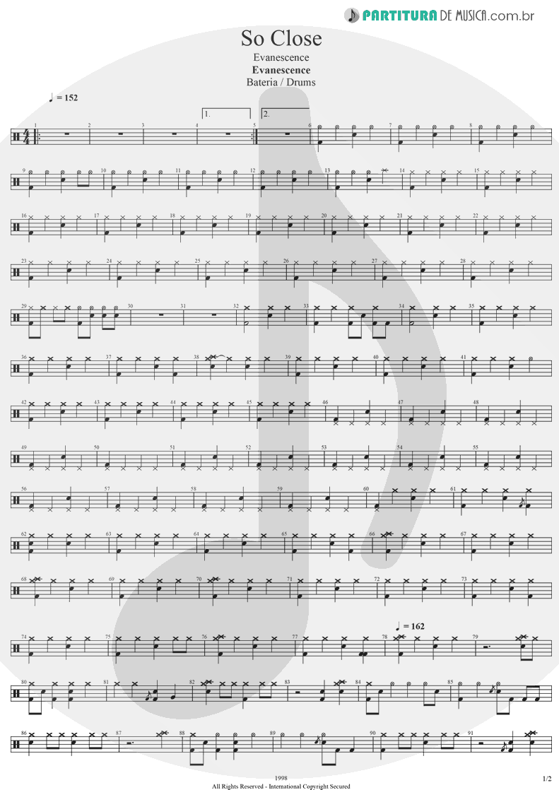 Partitura de musica de Bateria - So Close | Evanescence | Evanescence 1998 - pag 1