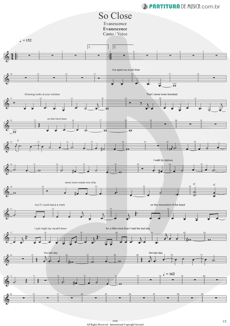 Partitura de musica de Canto - So Close | Evanescence | Evanescence 1998 - pag 1