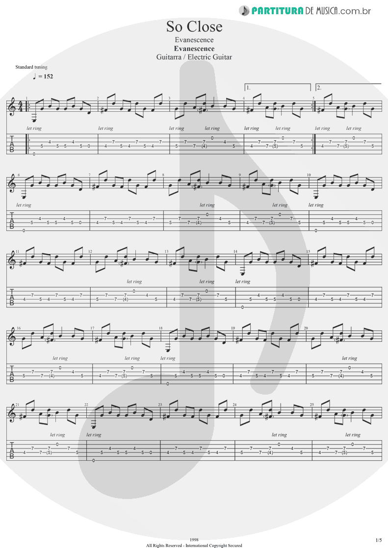 Tablatura + Partitura de musica de Guitarra Elétrica - So Close | Evanescence | Evanescence 1998 - pag 1
