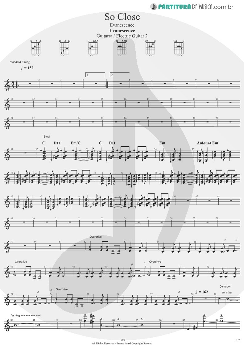 Partitura de musica de Guitarra Elétrica - So Close | Evanescence | Evanescence 1998 - pag 1