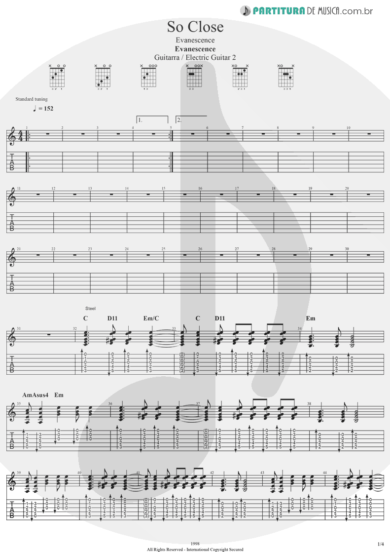Tablatura + Partitura de musica de Guitarra Elétrica - So Close | Evanescence | Evanescence 1998 - pag 1