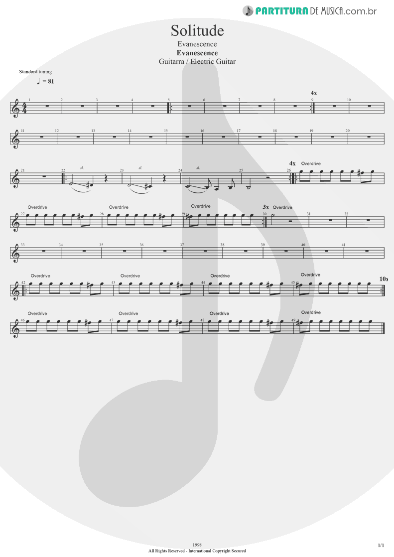 Partitura de musica de Guitarra Elétrica - Solitude | Evanescence | Evanescence 1998 - pag 1