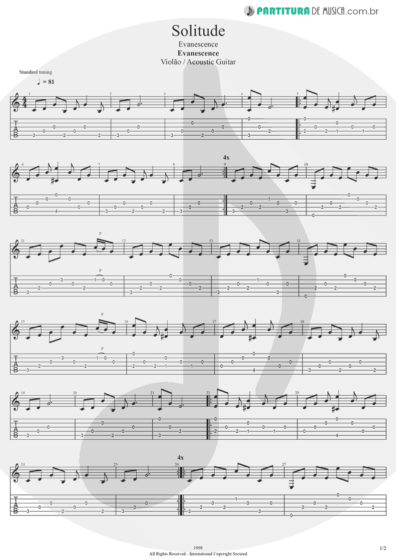 Tablatura + Partitura de musica de Violão - Solitude | Evanescence | Evanescence 1998 - pag 1