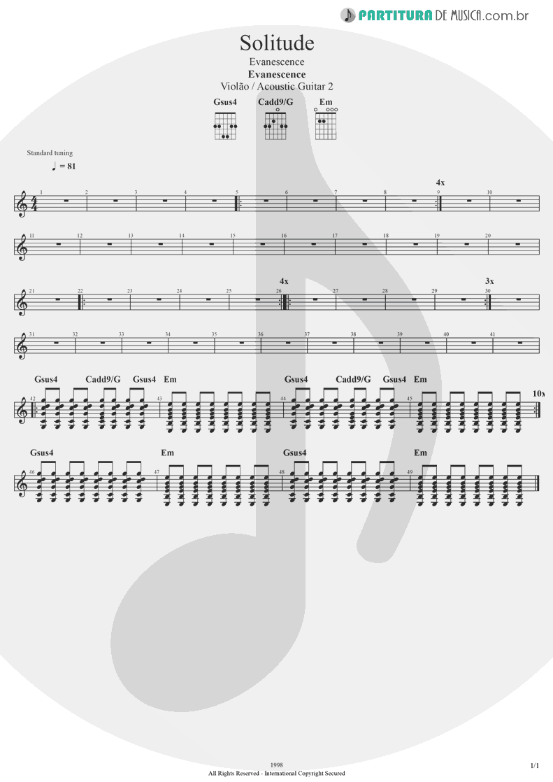 Partitura de musica de Violão - Solitude | Evanescence | Evanescence 1998 - pag 1