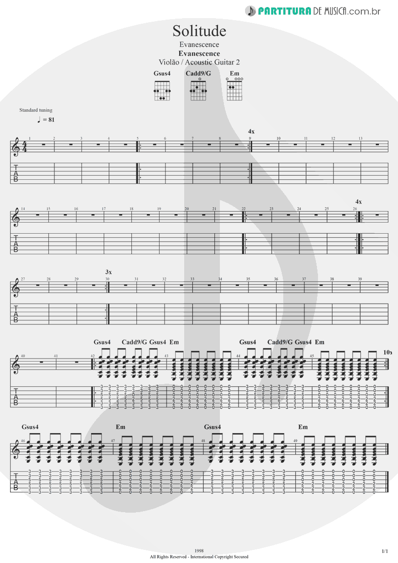 Tablatura + Partitura de musica de Violão - Solitude | Evanescence | Evanescence 1998 - pag 1