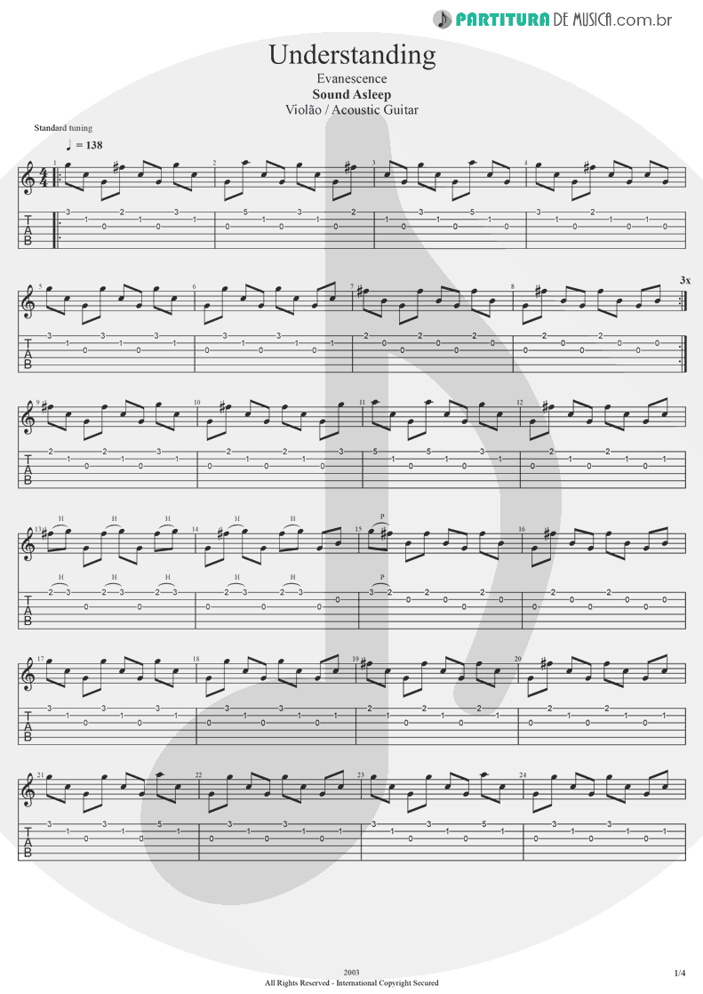Tablatura + Partitura de musica de Violão - Understanding | Evanescence | Sound Asleep EP 1999 - pag 1
