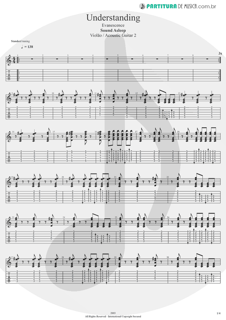 Tablatura + Partitura de musica de Violão - Understanding | Evanescence | Sound Asleep EP 1999 - pag 1