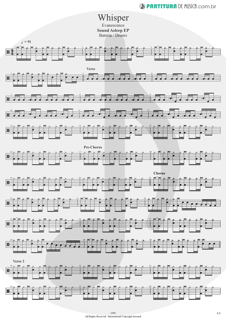Partitura de musica de Bateria - Whisper | Evanescence | Sound Asleep EP 1999 - pag 1