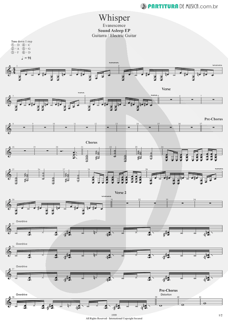 Partitura de musica de Guitarra Elétrica - Whisper | Evanescence | Sound Asleep EP 1999 - pag 1