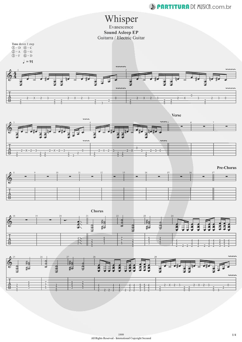 Tablatura + Partitura de musica de Guitarra Elétrica - Whisper | Evanescence | Sound Asleep EP 1999 - pag 1