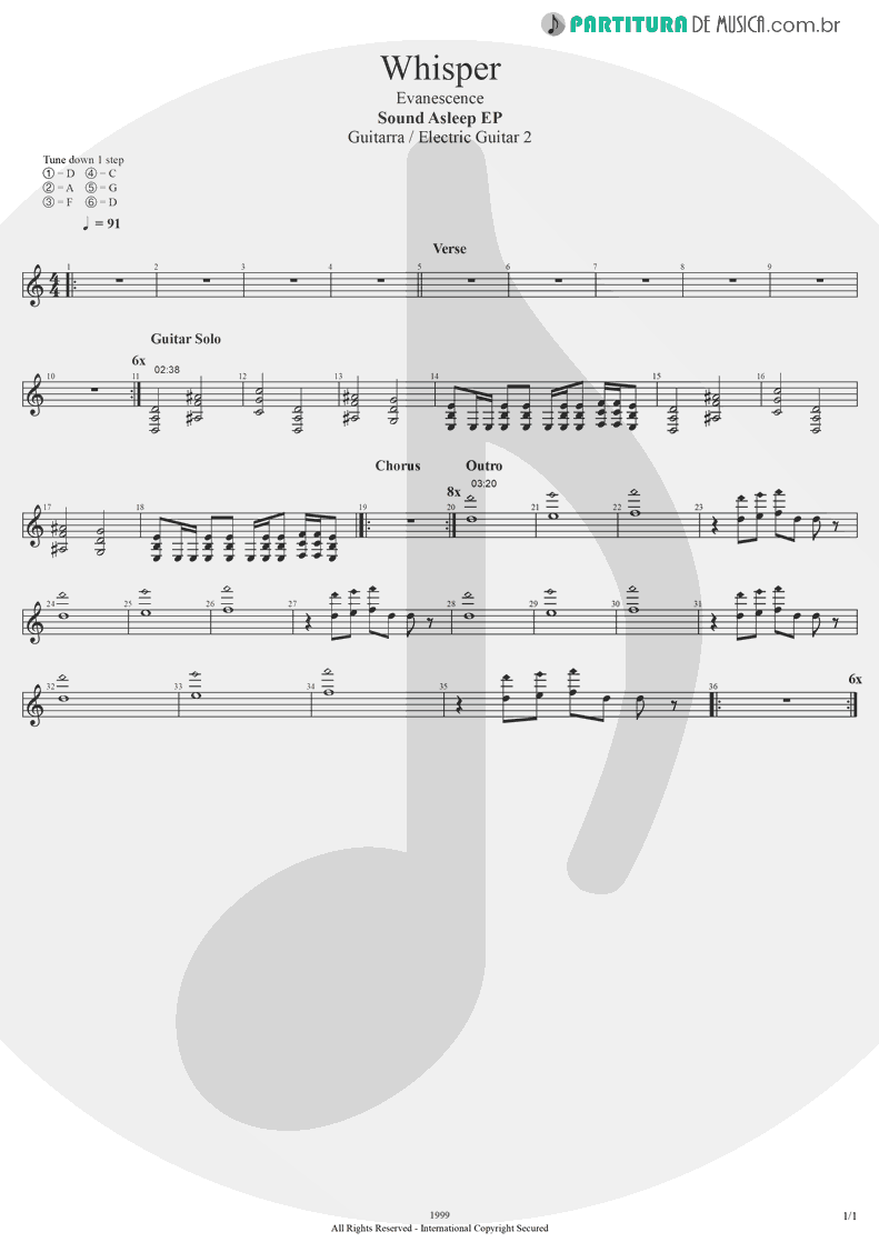 Partitura de musica de Guitarra Elétrica - Whisper | Evanescence | Sound Asleep EP 1999 - pag 1