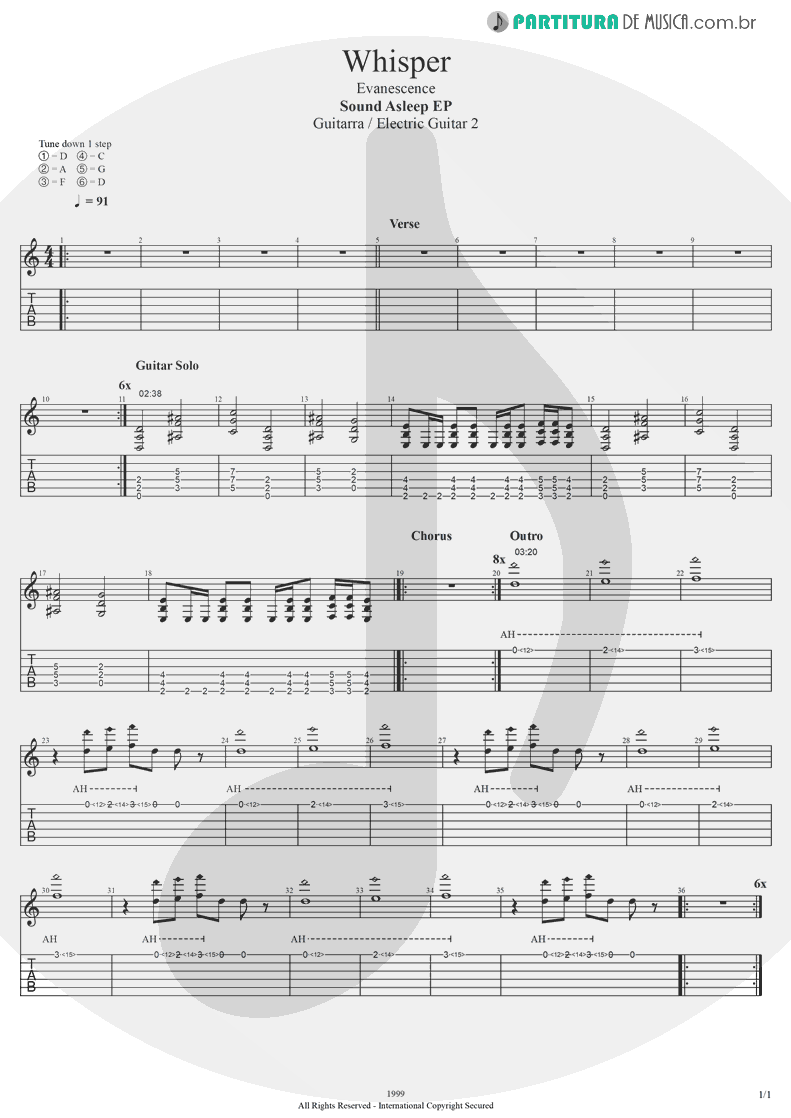 Tablatura + Partitura de musica de Guitarra Elétrica - Whisper | Evanescence | Sound Asleep EP 1999 - pag 1