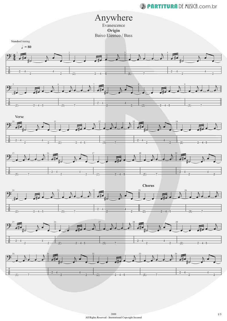 Tablatura + Partitura de musica de Baixo Elétrico - Anywhere | Evanescence | Origin 2000 - pag 1