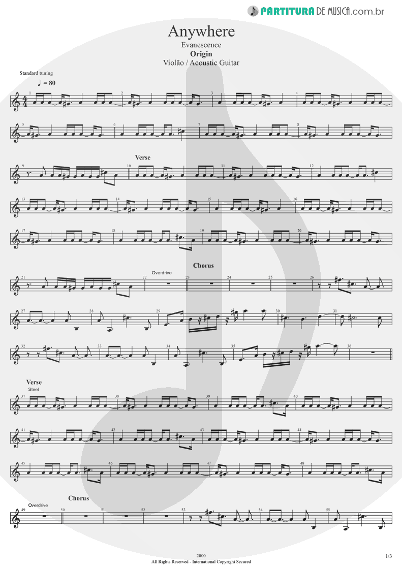 Partitura de musica de Violão - Anywhere | Evanescence | Origin 2000 - pag 1