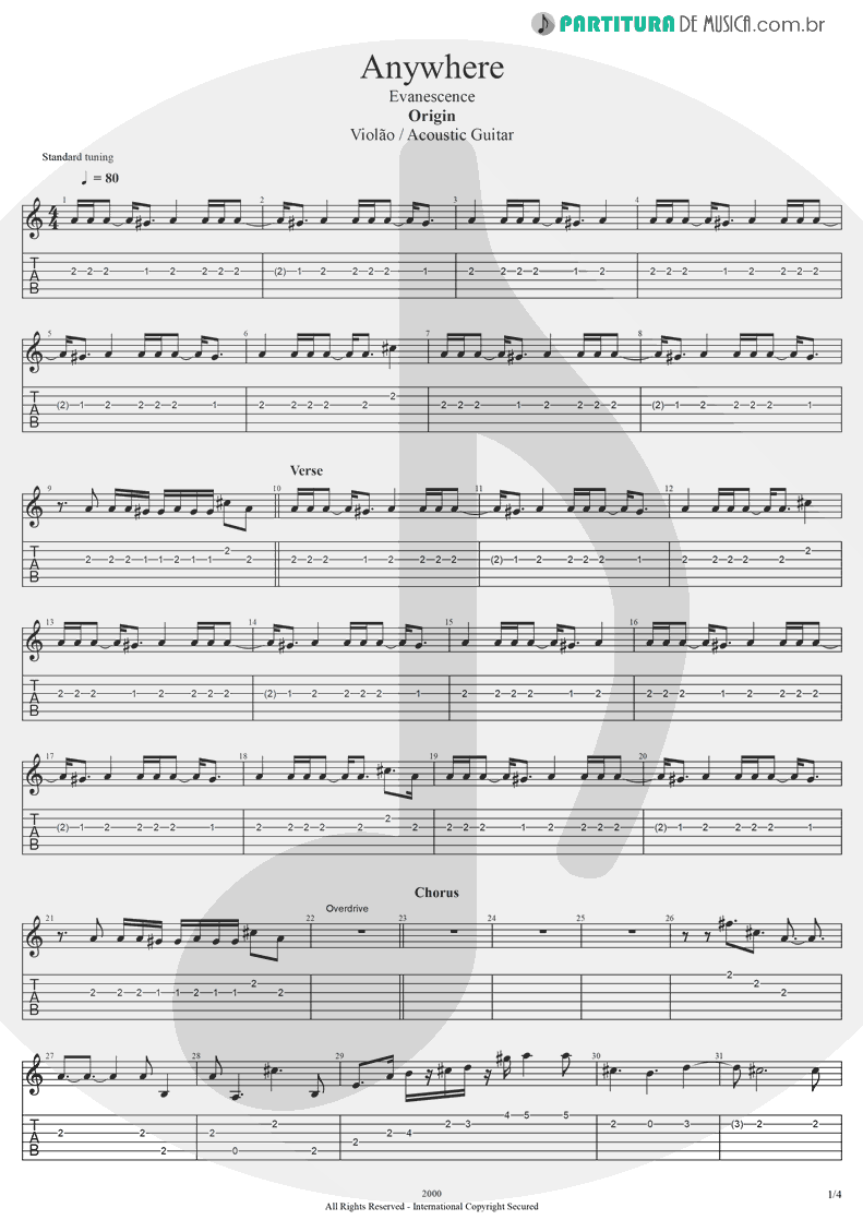 Tablatura + Partitura de musica de Violão - Anywhere | Evanescence | Origin 2000 - pag 1