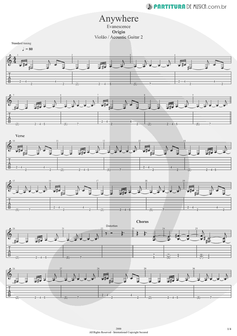 Tablatura + Partitura de musica de Violão - Anywhere | Evanescence | Origin 2000 - pag 1