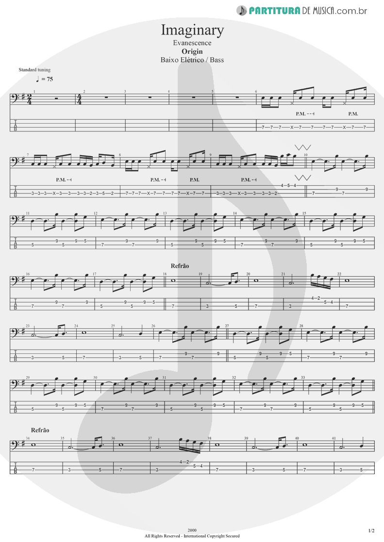 Tablatura + Partitura de musica de Baixo Elétrico - Imaginary | Evanescence | Origin 2000 - pag 1