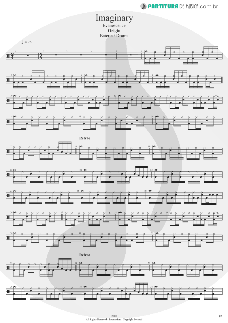 Partitura de musica de Bateria - Imaginary | Evanescence | Origin 2000 - pag 1