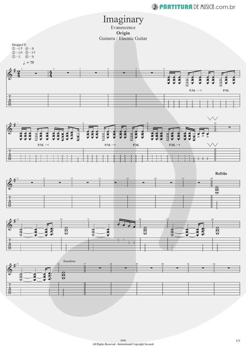 Tablatura + Partitura de musica de Guitarra Elétrica - Imaginary | Evanescence | Origin 2000 - pag 1
