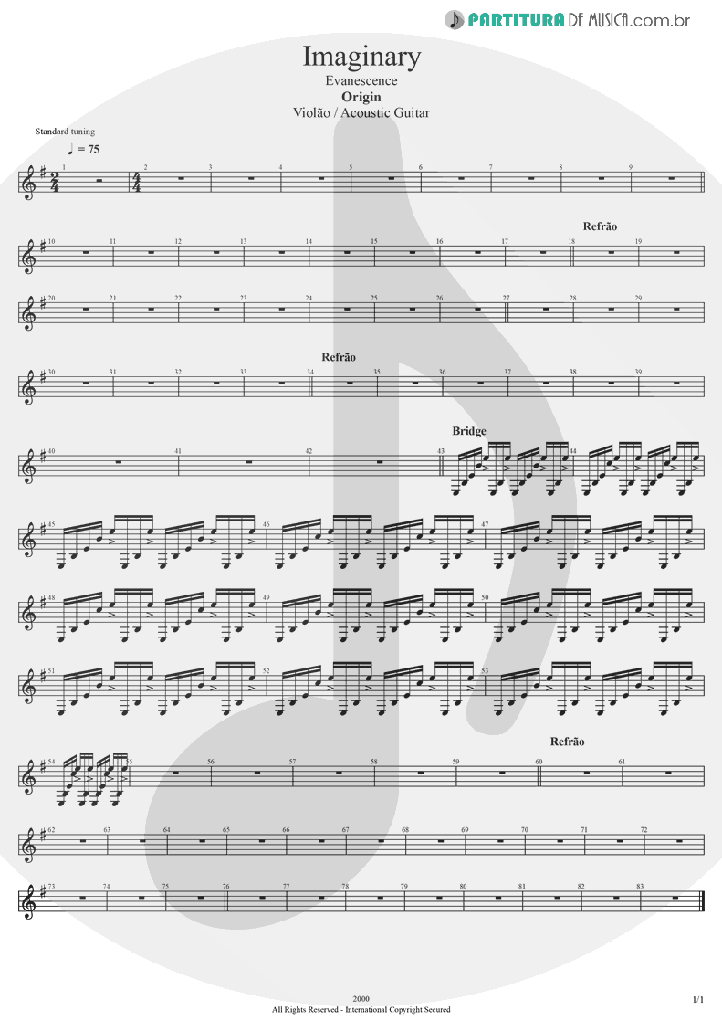 Partitura de musica de Violão - Imaginary | Evanescence | Origin 2000 - pag 1