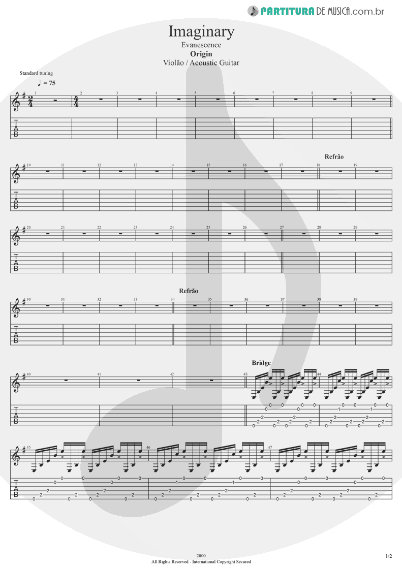Tablatura + Partitura de musica de Violão - Imaginary | Evanescence | Origin 2000 - pag 1