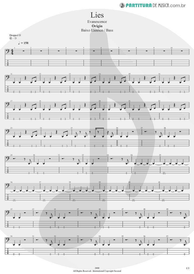 Tablatura + Partitura de musica de Baixo Elétrico - Lies | Evanescence | Origin 2000 - pag 1