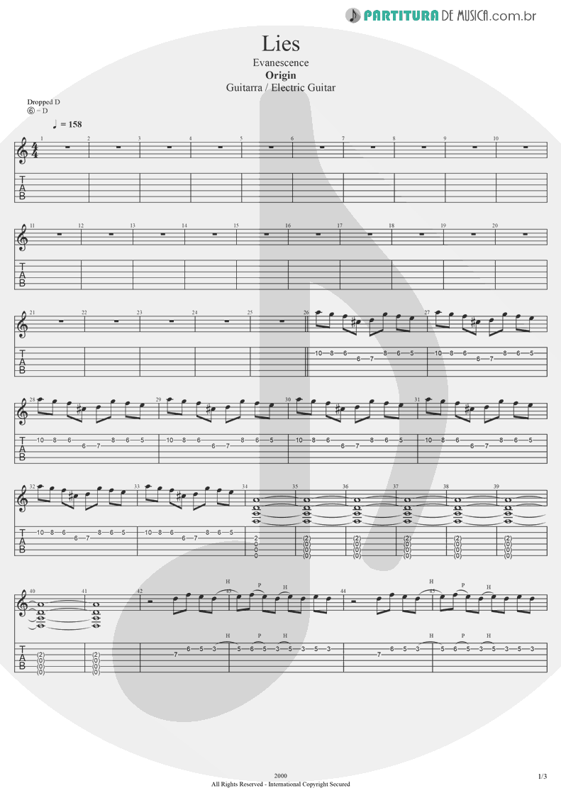 Tablatura + Partitura de musica de Guitarra Elétrica - Lies | Evanescence | Origin 2000 - pag 1