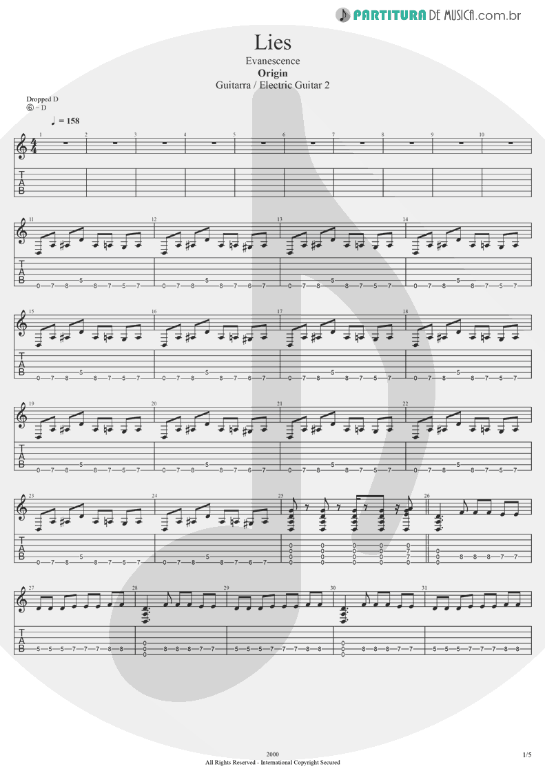 Tablatura + Partitura de musica de Guitarra Elétrica - Lies | Evanescence | Origin 2000 - pag 1