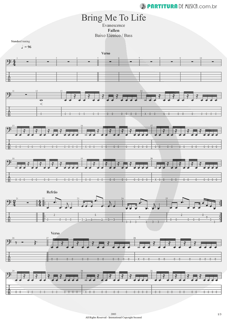 Tablatura + Partitura de musica de Baixo Elétrico - Bring Me To Life | Evanescence | Fallen 2003 - pag 1