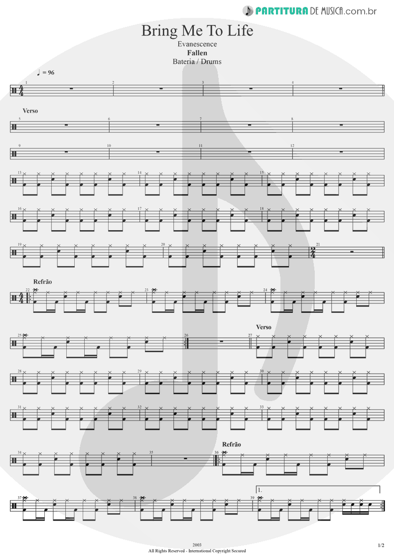 Partitura de musica de Bateria - Bring Me To Life | Evanescence | Fallen 2003 - pag 1