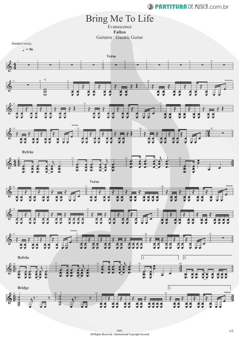 Partitura de musica de Guitarra Elétrica - Bring Me To Life | Evanescence | Fallen 2003 - pag 1