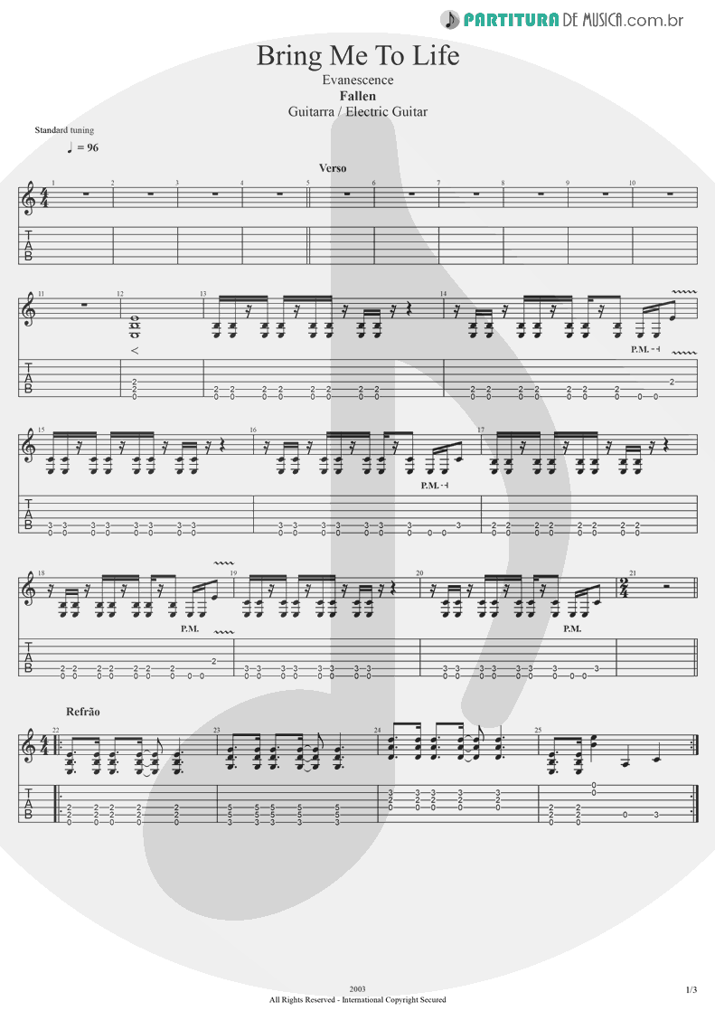 Tablatura + Partitura de musica de Guitarra Elétrica - Bring Me To Life | Evanescence | Fallen 2003 - pag 1