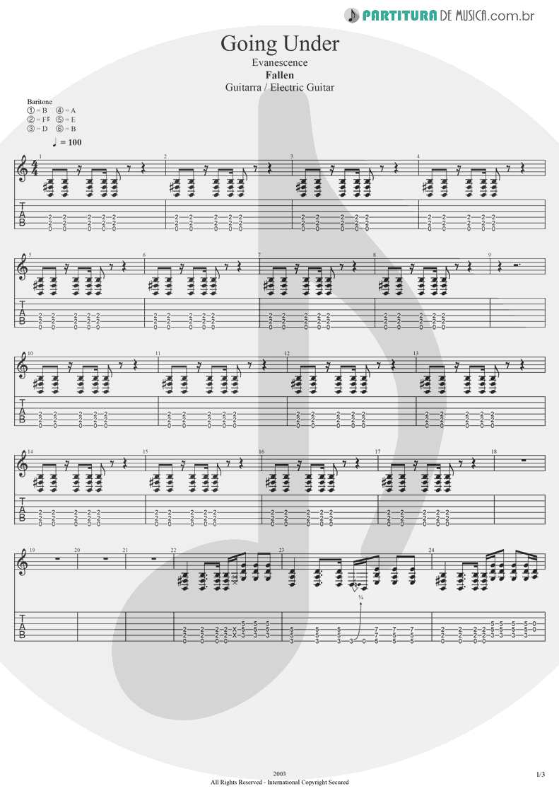 Tablatura + Partitura de musica de Guitarra Elétrica - Going Under | Evanescence | Fallen 2003 - pag 1