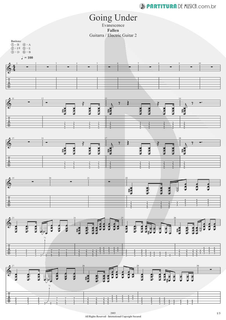 Tablatura + Partitura de musica de Guitarra Elétrica - Going Under | Evanescence | Fallen 2003 - pag 1