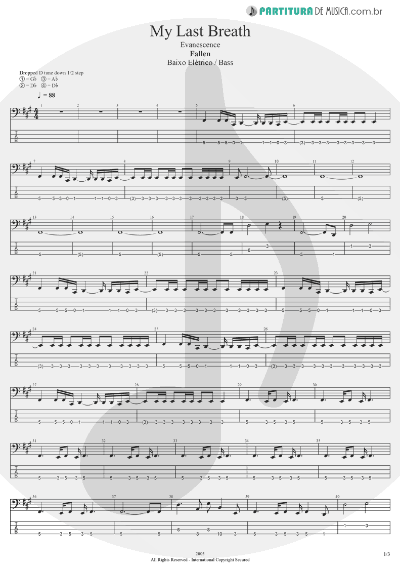 Tablatura + Partitura de musica de Baixo Elétrico - My Last Breath | Evanescence | Fallen 2003 - pag 1