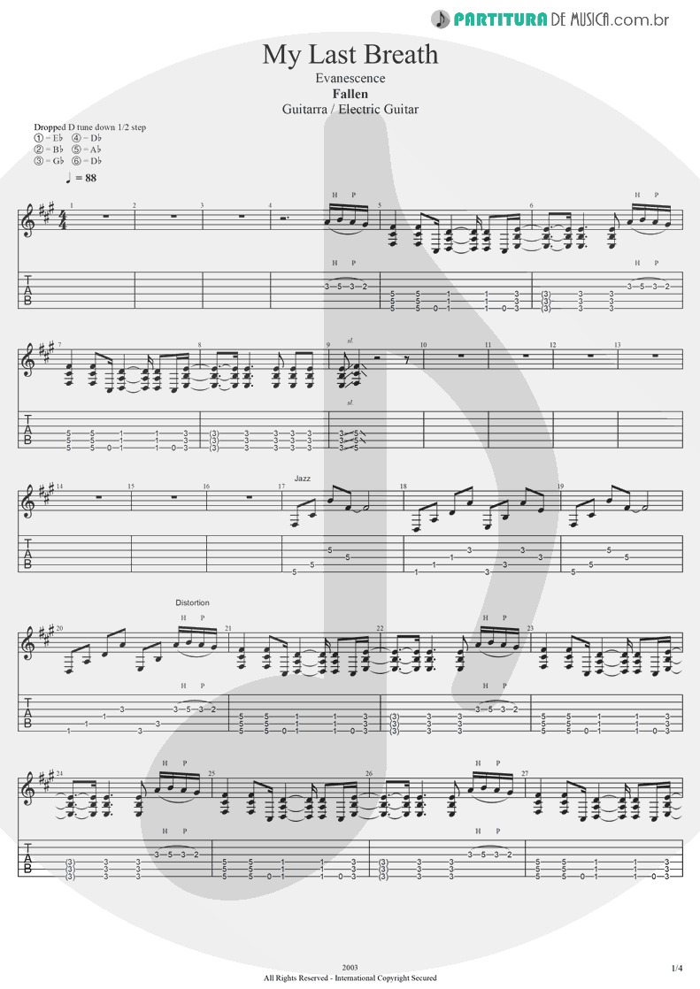 Tablatura + Partitura de musica de Guitarra Elétrica - My Last Breath | Evanescence | Fallen 2003 - pag 1