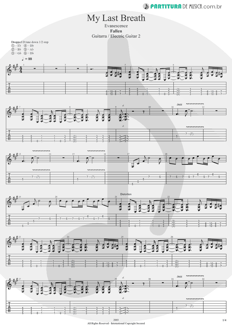 Tablatura + Partitura de musica de Guitarra Elétrica - My Last Breath | Evanescence | Fallen 2003 - pag 1