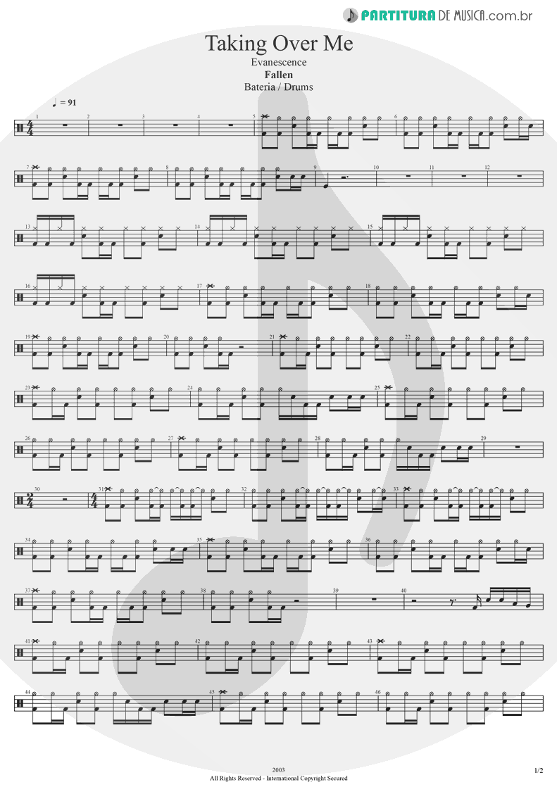 Partitura de musica de Bateria - Taking Over Me | Evanescence | Fallen 2003 - pag 1