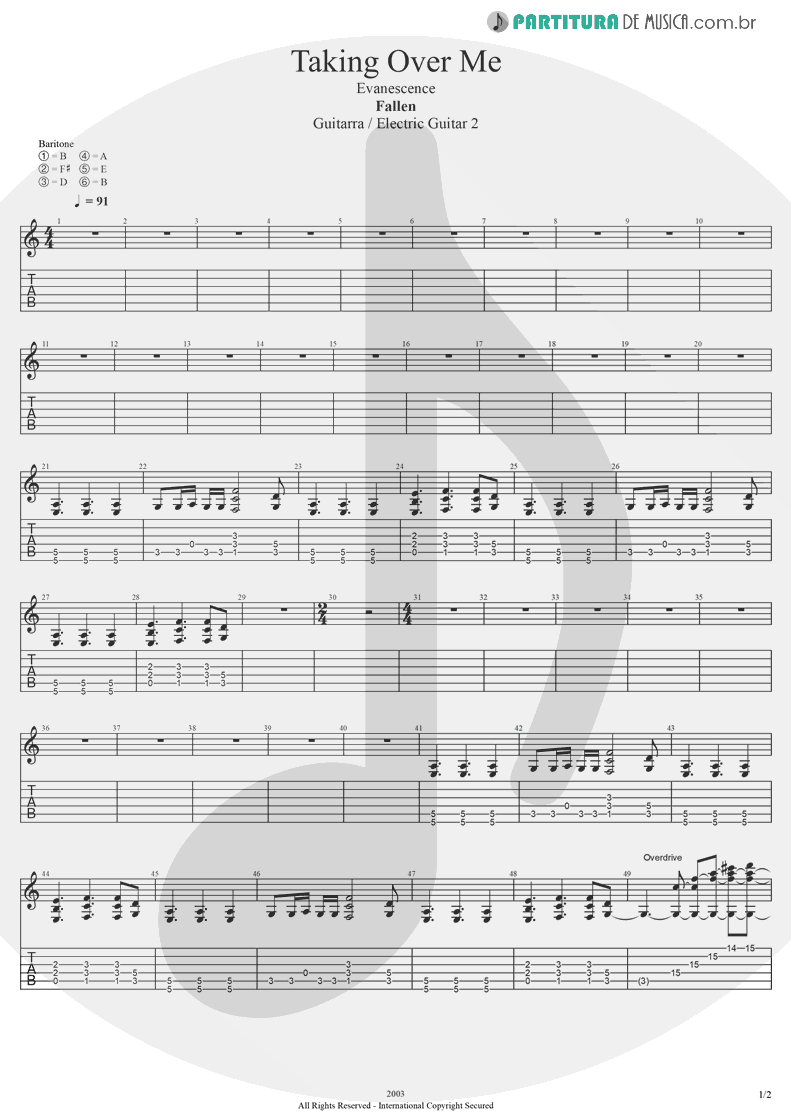 Tablatura + Partitura de musica de Guitarra Elétrica - Taking Over Me | Evanescence | Fallen 2003 - pag 1