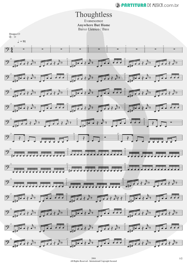 Partitura de musica de Baixo Elétrico - Thoughtless | Evanescence | Anywhere But Home 2004 - pag 1