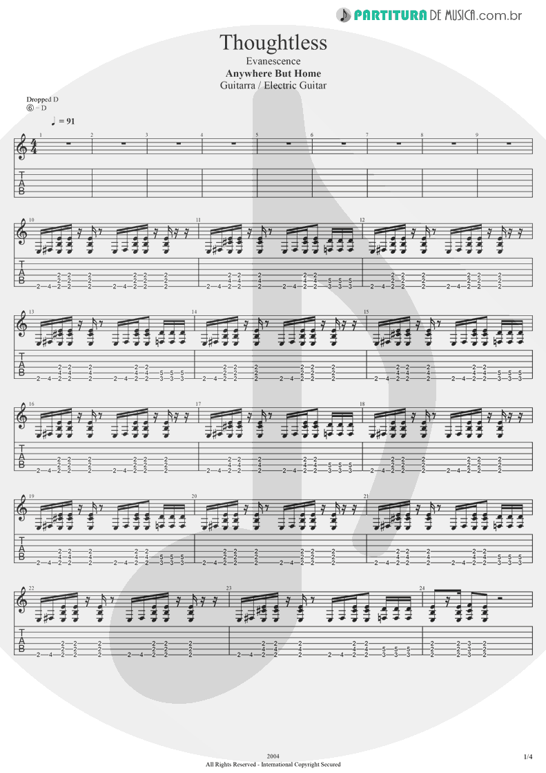 Tablatura + Partitura de musica de Guitarra Elétrica - Thoughtless | Evanescence | Anywhere But Home 2004 - pag 1