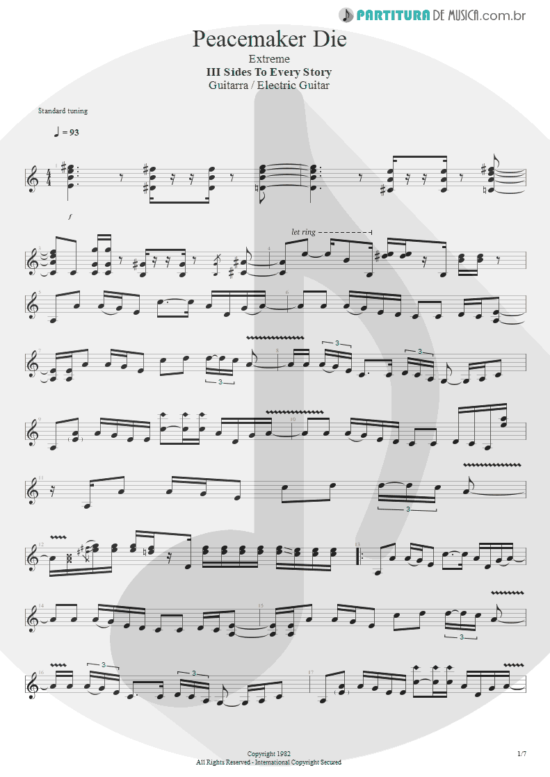 Partitura de musica de Guitarra Elétrica - Peacemaker Die | Extreme | III Sides to Every Story 1982 - pag 1